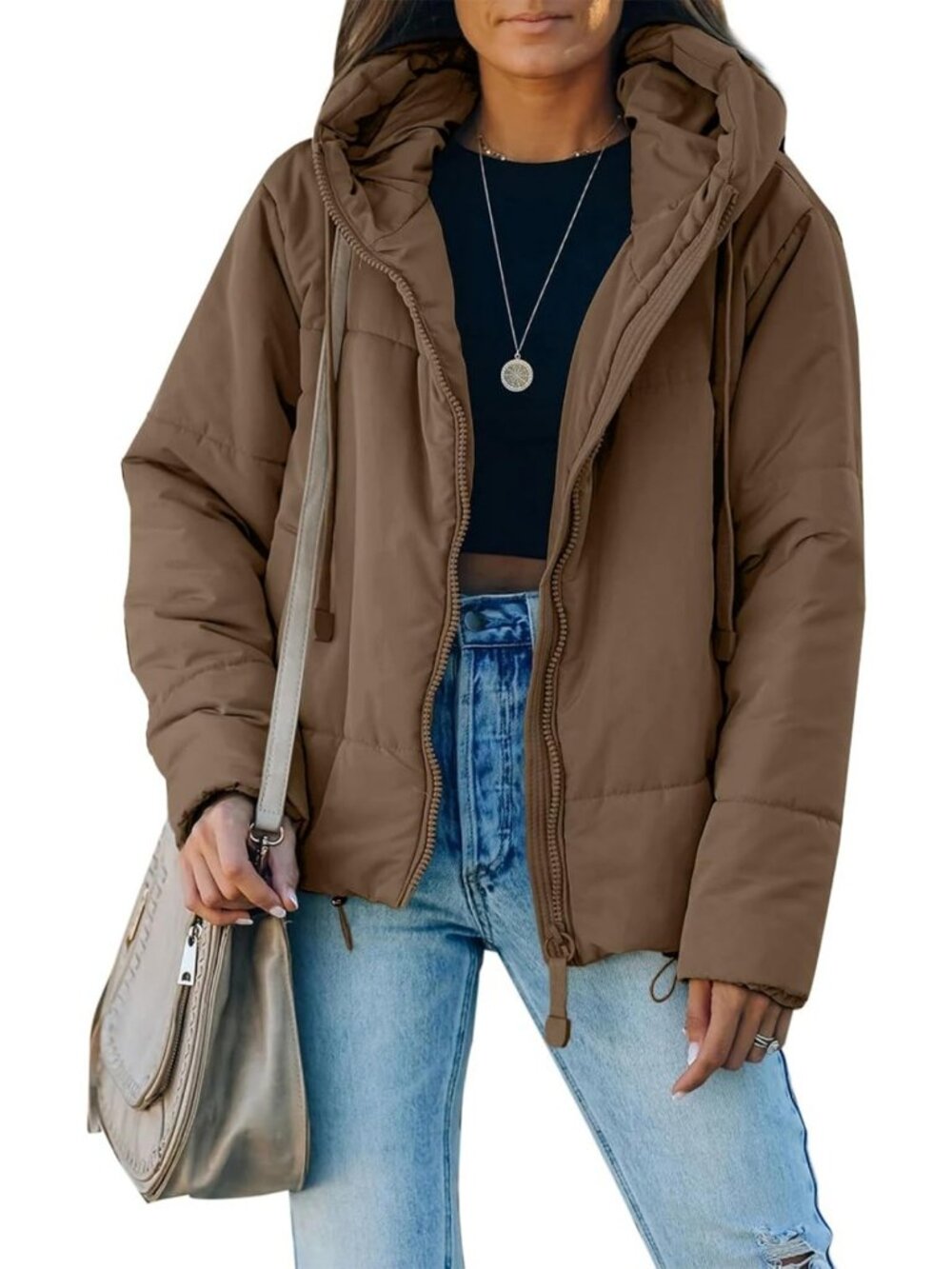 Cozy Women's Winter Puffer Jacket with Hood, Full Zipper, Short Coat